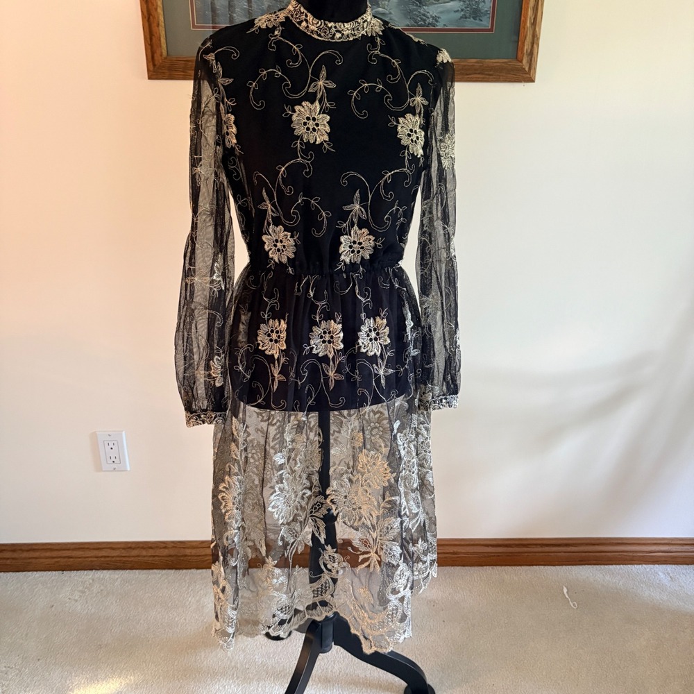 Unbranded Embroidered Mesh Midi Dress Womens Small Black Gold Floral Mock Neck